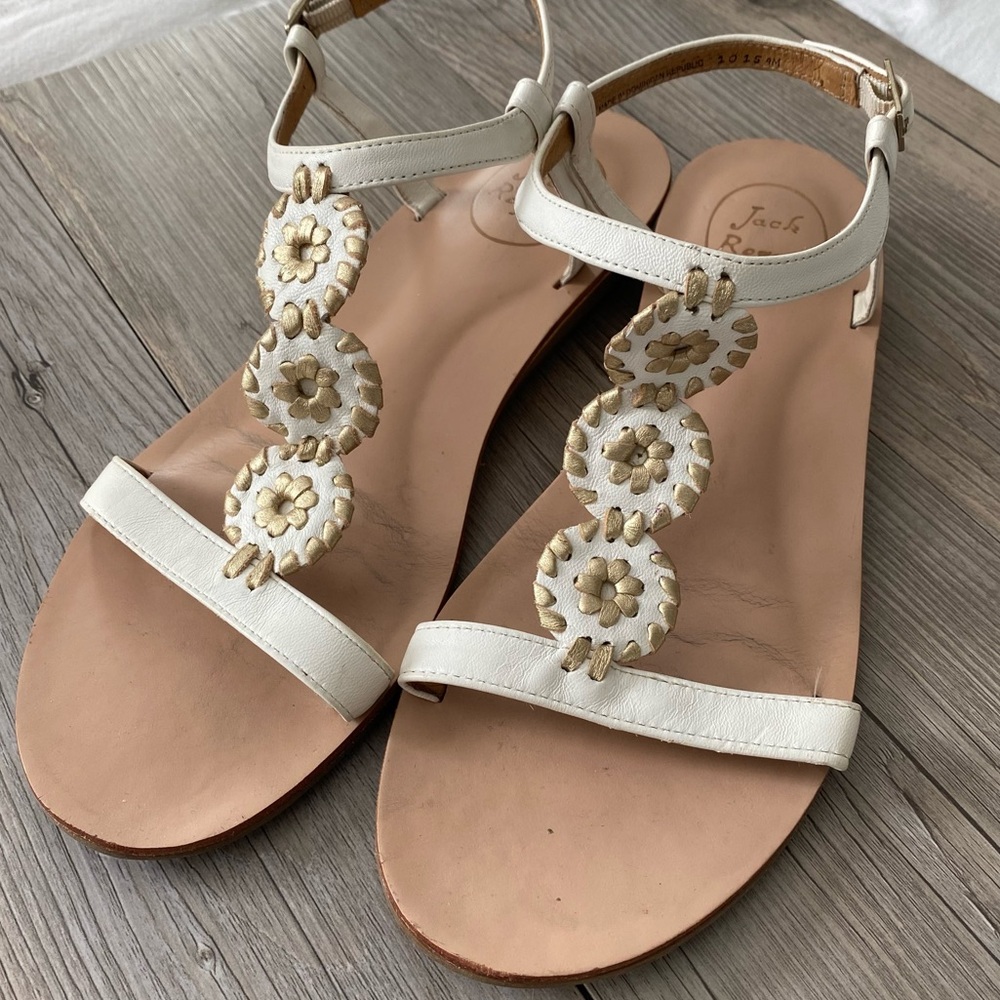 Jack Rogers White and Gold T Strap Sandals Wms 9